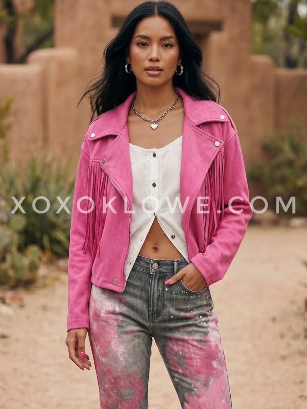 POL Hot Pink Vegan Suede Fringe Moto Jacket | Cropped Western Concert Biker